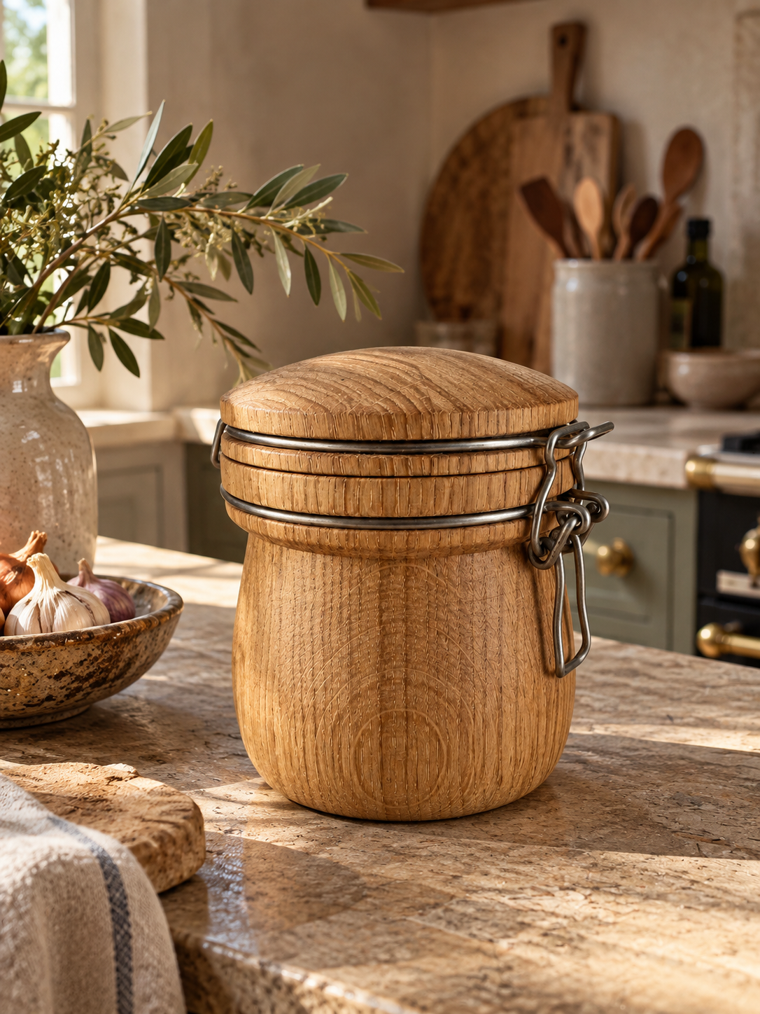 French oak and stainless steel kitchen storage jar by Le Tourneur Normand