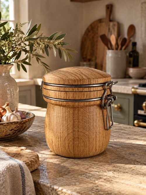 French oak and stainless steel kitchen storage jar by Le Tourneur Normand