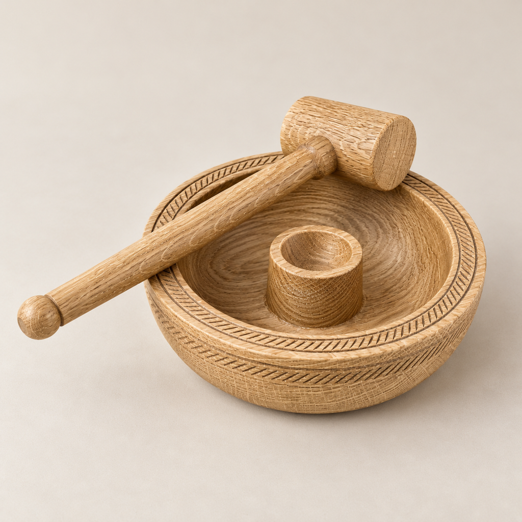 Traditional French oak nutcracker with wooden hammer by Le Tourneur Normand