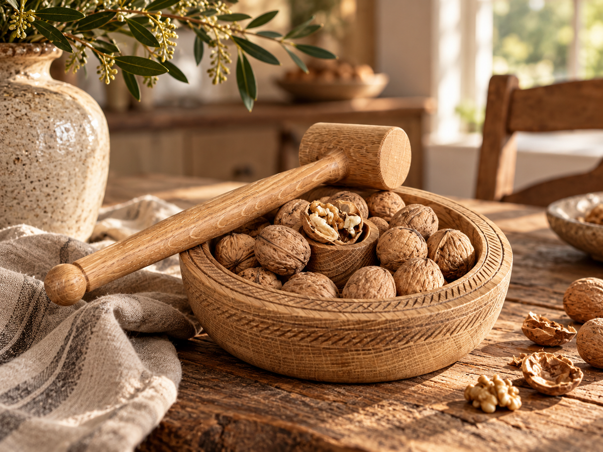 Noix Dure oak nutcracker bowl and wooden hammer handcrafted in France