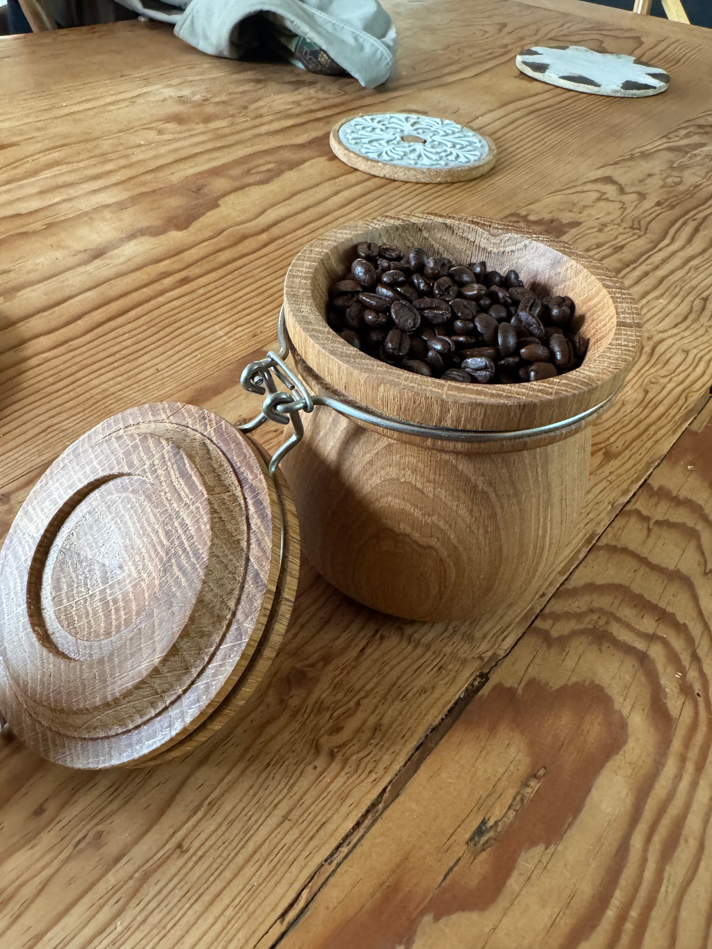 Oak kitchen storage jar with stainless steel closure, crafted in France