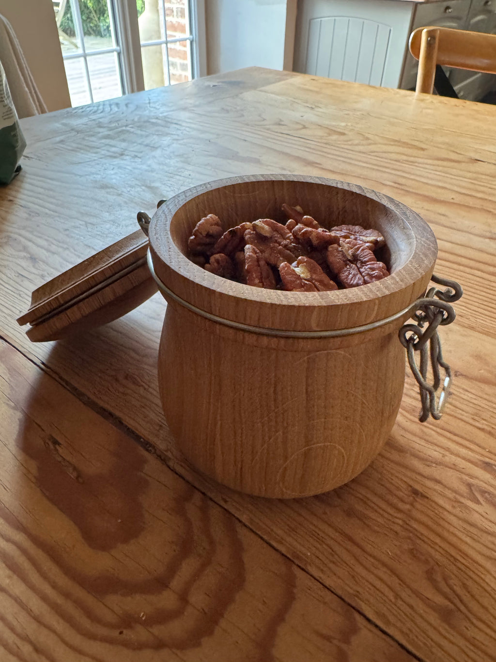 French artisan oak and stainless steel dry food storage container