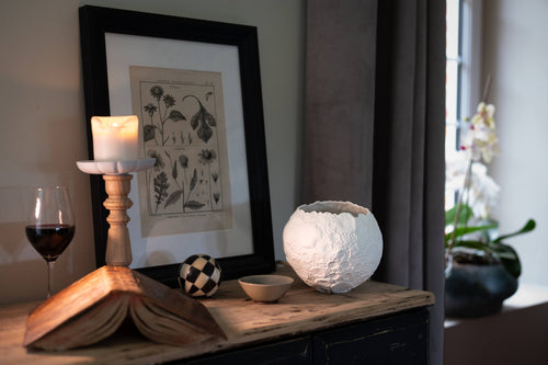 Nymphea handcrafted oak and porcelain candle holder, French artisan home decor